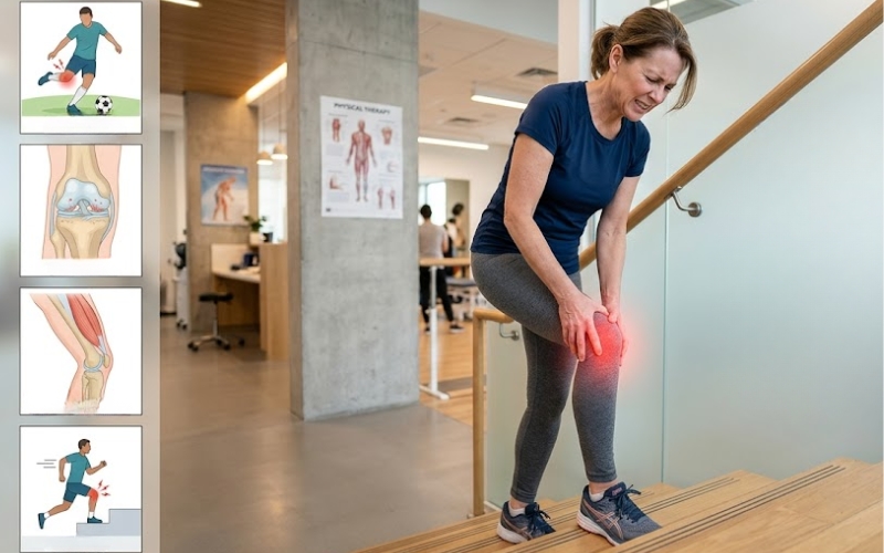 Illustration showing common causes of knee pain including injury, muscle strain, and joint inflammation.