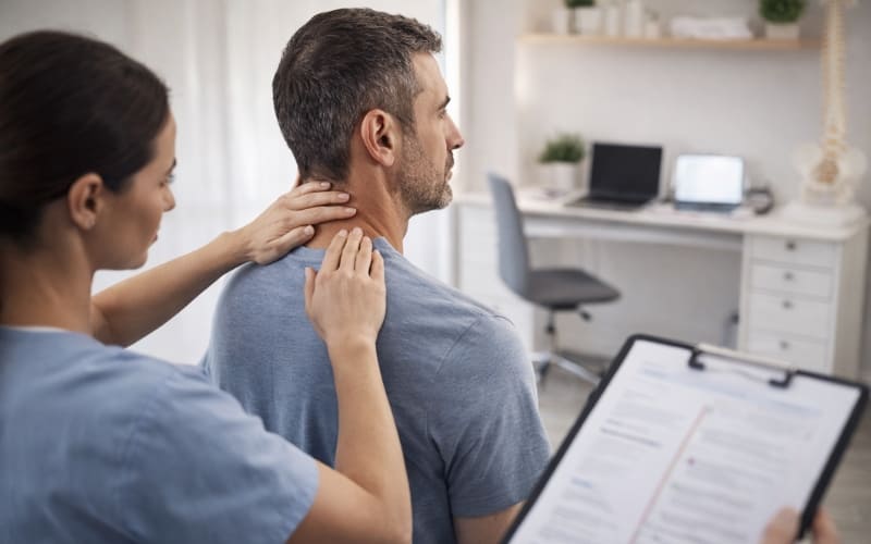 First physiotherapy session showing patient assessment, posture evaluation