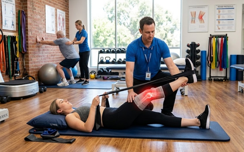 Physiotherapist guiding patient through exercises for knee pain to strengthen muscles and improve knee pain.